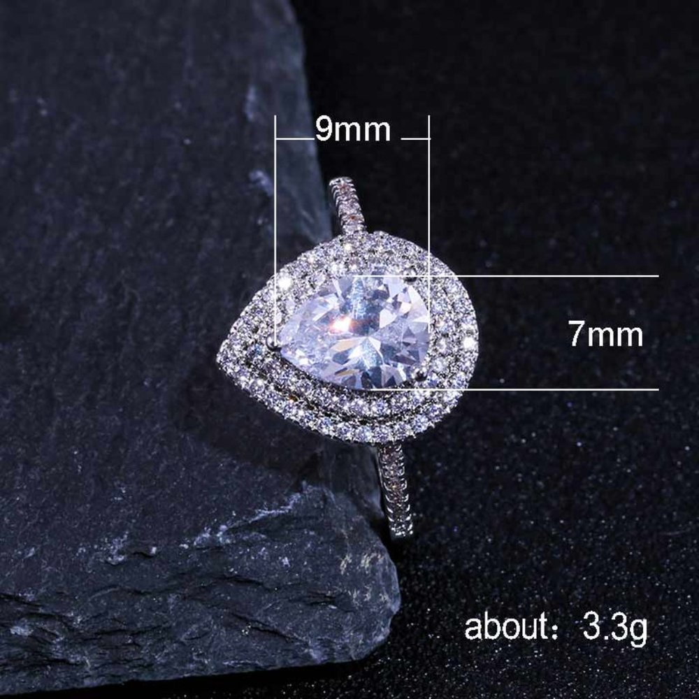 Wedding Large Pear Double Layer Water Drop Silver Ring for Women, VIP505 - Picture 2 of 10